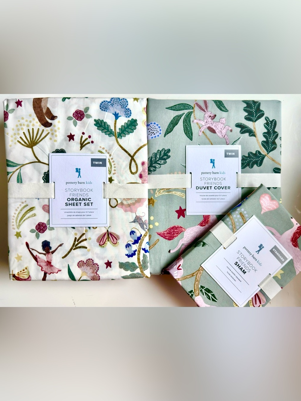 Pottery Barn Kids Storybook Friends Cotton Duvet Cover Sham & Organic Sheets NWT